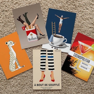 Könnte beinhalten: Fünf Kunstdrucke mit verschiedenen Illustrationen. Einer zeigt einen Geparden auf Orange, ein anderer eine Frau, die in eine Kaffeetasse springt, und ein dritter Beine, die aus einer Zigarettenschachtel ragen. Die restlichen zwei zeigen einen Cocktail und gestreifte Beine.