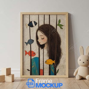 Entzückender Kinderzimmer Rahmen Mockup, Kinderzimmer Wand Kunst Display mit Häschen Spielzeug & Blöcke, Vertikaler Holzrahmen für Babyzimmer Dekor, A1 A2 A3 PSD