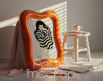 Boho Orange Frame Poster Mockup: Sunlit Studio Scene (PSD Digital Download)