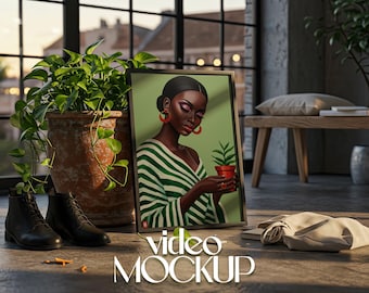 Maqueta de marco de video de interior bohemio: Plantilla PSD de arte mural vertical