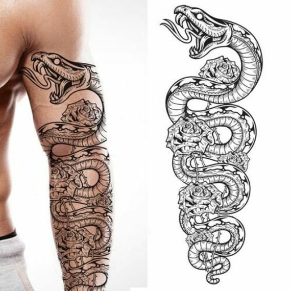 Tatodays Temporary Tattoo Full Arm Sleeve Black Snake Python Etsy