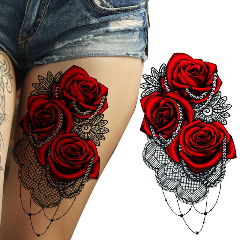Tatodays®Red roses pearls lace temporary tattoos women girls - Etsy México