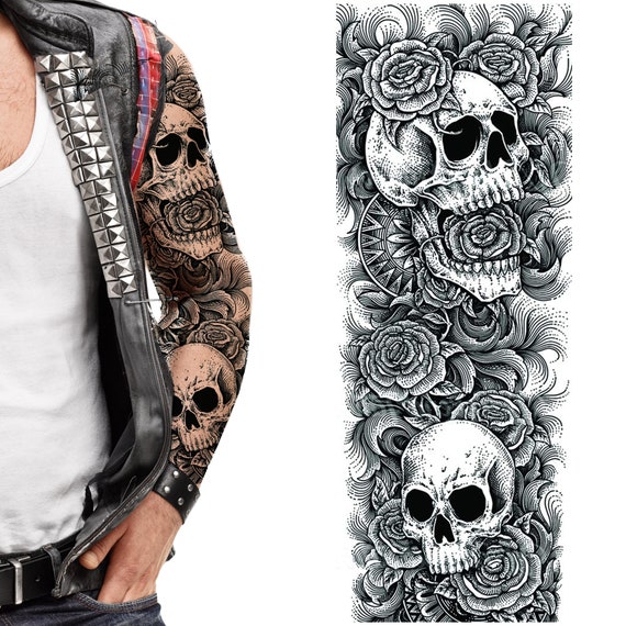 Tatodays® Temporary Tattoo Full arm sleeve skulls roses | Etsy