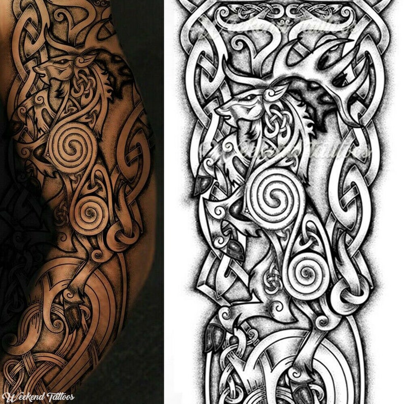 Fake tattoo full arm sleeve viking stag deer noose celtic | Etsy