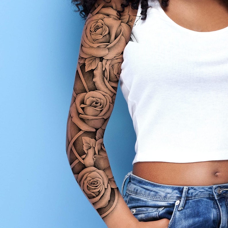 Tatodays® Temporary tattoo flower sleeve black roses flora Etsy