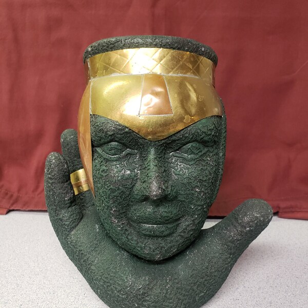 UNIQUE Hand holding head Metalwork Vintage Pottery Planter Statement Piece