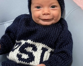 zip-up-the-back / hooded sweater (6 mo. & 9 mo. include matching booties) / Penn State University / PSU / Nittany Lions