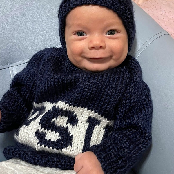 zip-up-the-back / hooded sweater (6 mo. & 9 mo. include matching booties) / Penn State University / PSU / Nittany Lions