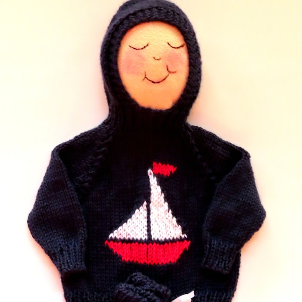 zip-up-the-back / hooded sweater / (6 mo. & 9 mo. include matching booties)  / sailboat