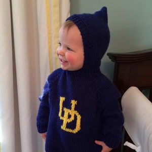 May include: A blue knitted sweater with a yellow "UD" logo. The sweater has a hood and is worn by a toddler.
