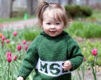 zip-up-the-back / hooded sweater (6 mo. & 9 mo. include matching booties) / Michigan State / MSU / Spartans