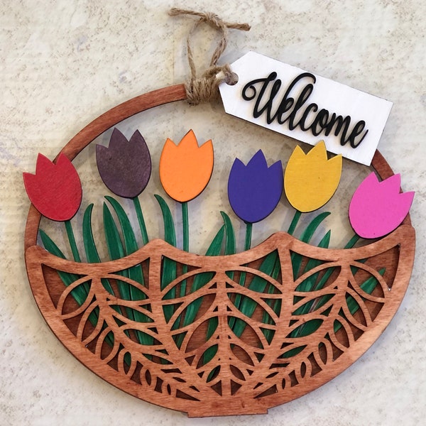 Wooden Basket of Tulips Door Hanger 17”