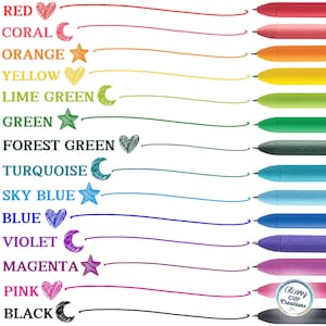 May include: A set of 14 gel pens in various colors, including red, coral, orange, yellow, lime green, green, forest green, turquoise, sky blue, blue, violet, magenta, pink, and black. Each pen has a different symbol next to its color name, such as a heart, star, or crescent moon.