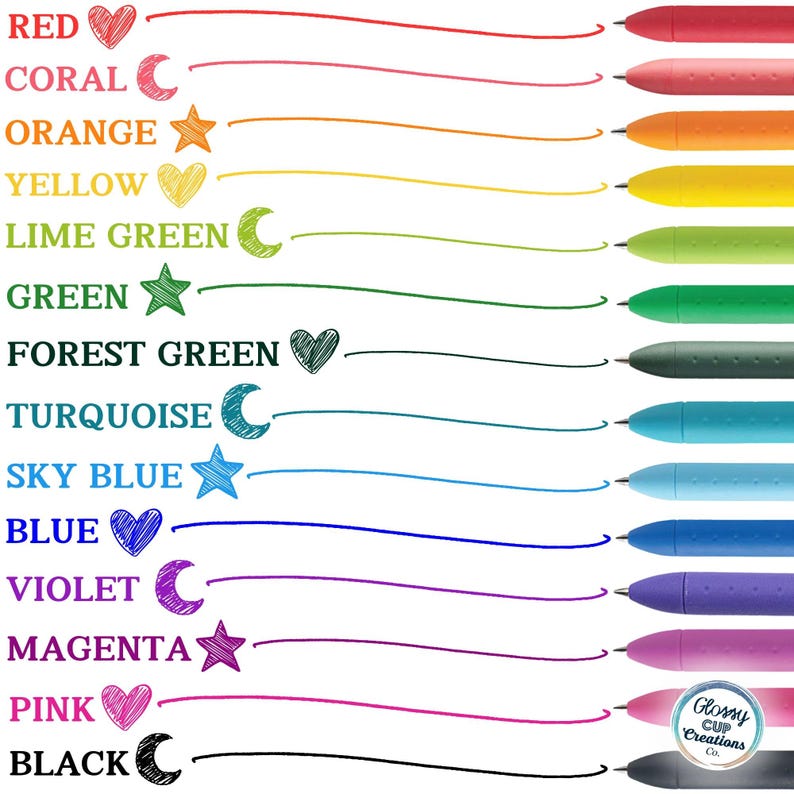 May include: A set of 14 gel pens in various colors, including red, coral, orange, yellow, lime green, green, forest green, turquoise, sky blue, blue, violet, magenta, pink, and black. Each pen has a different symbol next to its color name, such as a heart, star, or crescent moon.