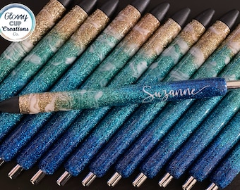 Glitter Beach Pens, Custom Ink Joy Gel Pens, Beach Inspired Gifts, Ocean Lovers, Refillable, Retractable, Black Ink