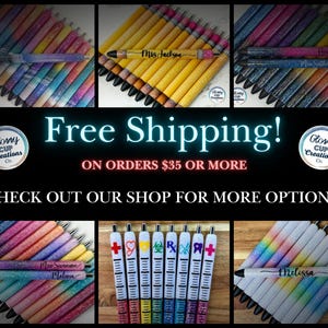 May include: A collection of personalized glitter pens with various designs and names. The pens are displayed in three rows, with each row featuring a different design. The pens are all black and have a silver tip. The text "Free Shipping! On orders $35 or more" is displayed in a neon pink font. The text "Glossy Cup Creations Co." is displayed in a white font on a circle with a black outline.