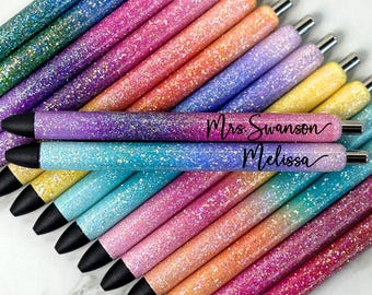 Ultimate Ombre Glitter Pens, Pink Blue Aqua Teal Purple Green Yellow Orange Red, Custom InkJoy Gel Pens, Refillable, Retractable, Black Ink