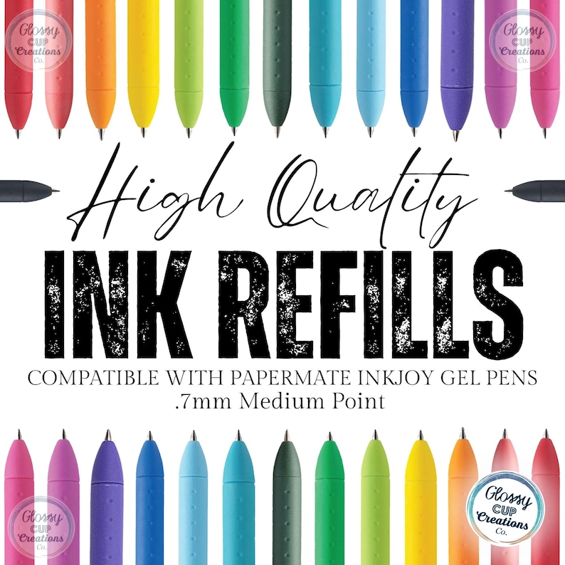 May include: A variety of colored gel pen ink refills compatible with Papermate Inkjoy gel pens. The refills are 0.7mm medium point.