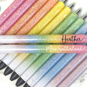 PASTEL Glitter Pens, Pink Orange Yellow Green Blue Purple Rainbow to White Ombre, Custom InkJoy Gel Pens, Refillable, Retractable, Black Ink