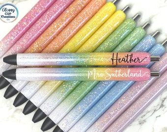 PASTEL Glitter Pens, Pink Orange Yellow Green Blue Purple Rainbow to White Ombre, Custom InkJoy Gel Pens, Refillable, Retractable, Black Ink