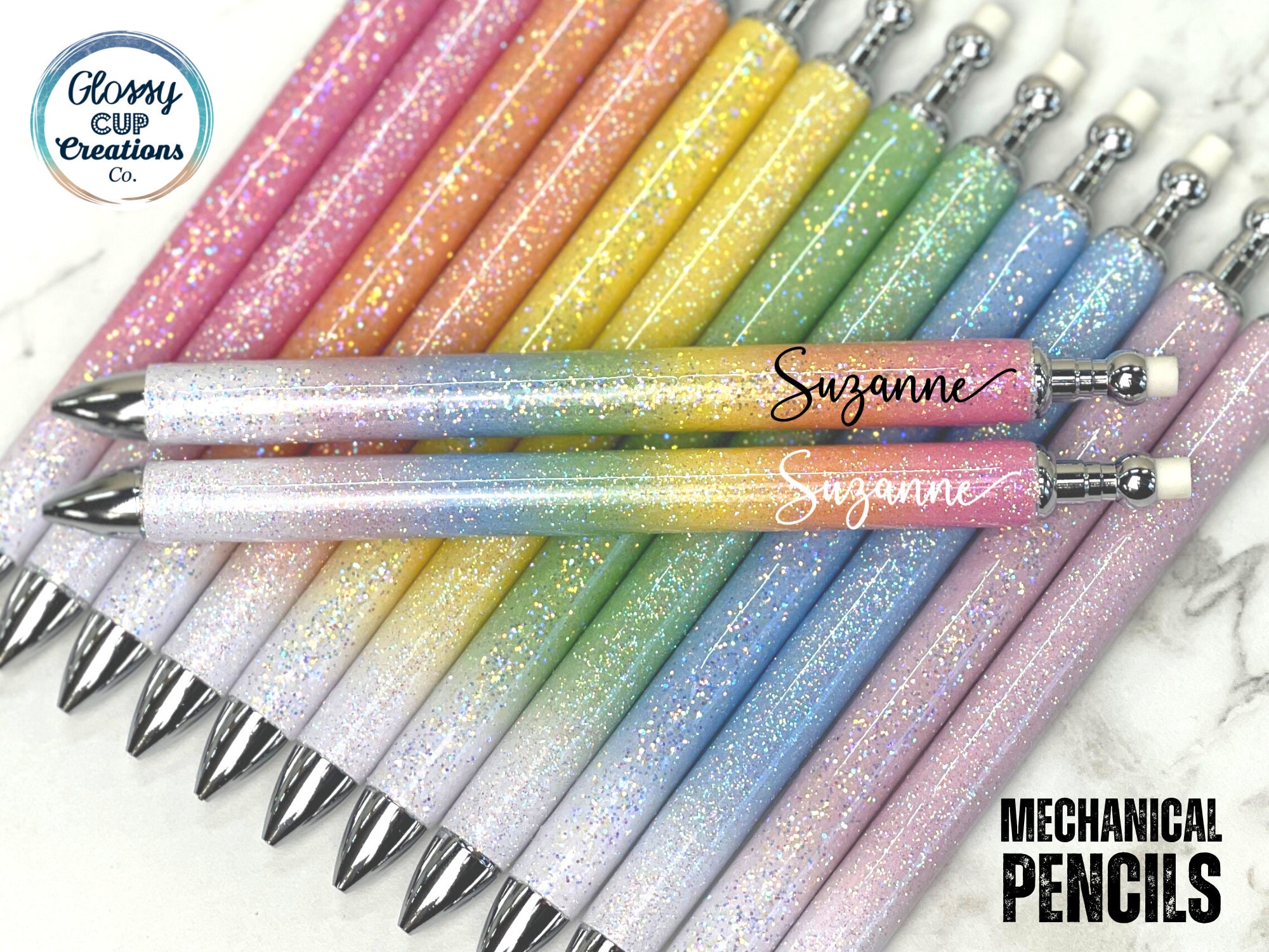 Glitter Mechanical Pencils, Pink Blue Purple Green Yellow Orange Red Ombre,  Custom Stainless Steel Pencils, .7 Lead 