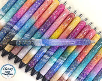 Rainbow Ombre Glitter Beach Pens, Custom Ink Joy Gel Pens, Beach Inspired Gifts, Ocean Lovers, Refillable, Retractable, Black Ink