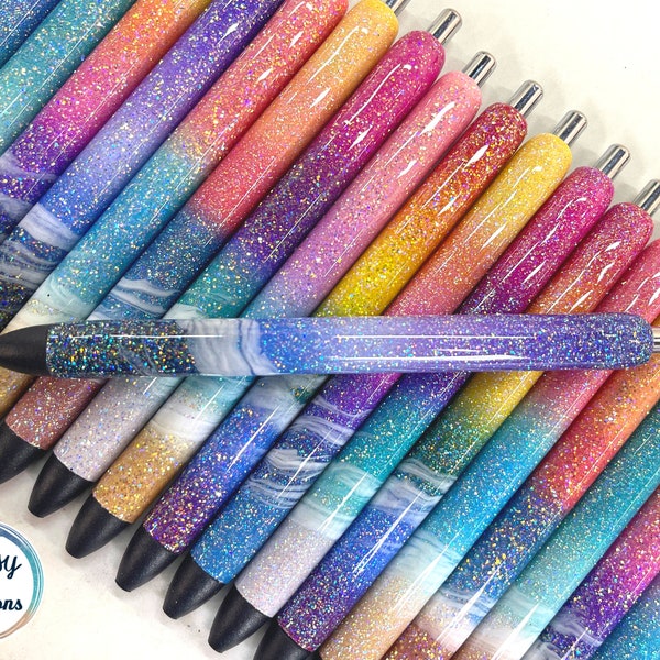 Rainbow Ombre Glitter Beach Pens, Custom Ink Joy Gel Pens, Beach Inspired Gifts, Ocean Lovers, Refillable, Retractable, Black Ink