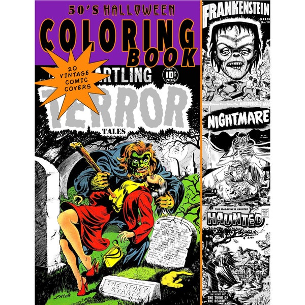 Halloween printable coloring book digital download, vintage horror comics, adult coloring book, vintage Halloween, crafts, monsters, fun art