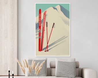 Vintage Colorado Ski Travel Poster with old skis in the snow, Aspen, Vail, Telluride, Breckenridge, ski home decor, Colorado ski art,