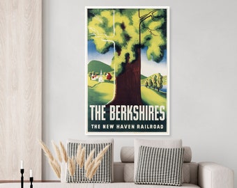 Vintage New Haven Railroad The Berkshires Massachusetts travel poster, canvas wrap, poster print, tree, New England, home decor, wall art