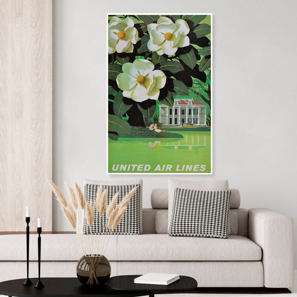 Vintage Southern Georgia, Louisiana, South Carolina, Mississippi, travel poster, United Airlines, magnolia, home duroc, wall art, mansion