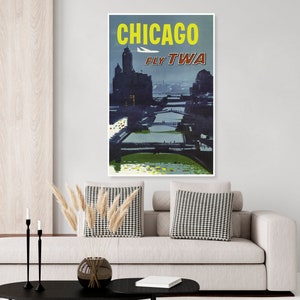 Vintage TWA trans world airlines Chicago travel poster ad, Wrigley building, draw bridge, Illinois poster, Chicago wall art, home decor