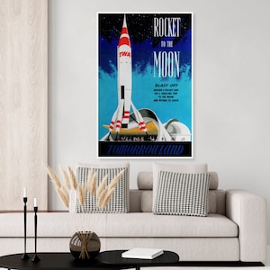 Vintage Disneyland TWA Trans World Airlines Tomorrowland travel poster, rocket ship, sci-fi, futuristic, rocket to the moon, kids room decor