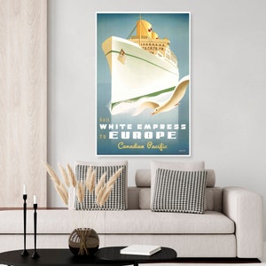 Vintage Art Deco steamship ocean liner travel poster from Canadian pacific, sail to Europe, White Empress, wall art, canvas wrap, art print