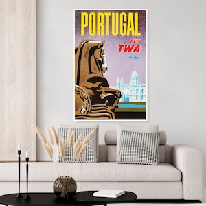 Vintage Fly TWA to Portugal travel poster, Lisbon, wall art, home decor, Trans World Airlines, poster print, canvas wrap, souvenir, European