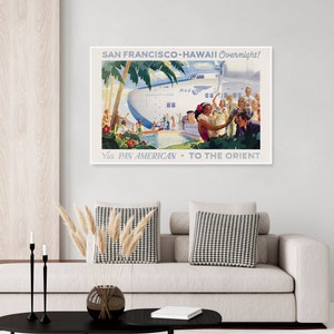 Vintage Hawaii travel poster from Pan American Airlines, Pan Am travel poster of a lei ceremony next to an old airplane in tropical Hawaii