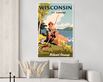 Wisconsin for Fishing Vintage Airline Travel Poster