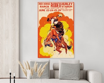 Vintage Rodeo Poster Red Horse Ranch Bronc Busting