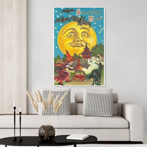 Hallowe&#39;en Time Man in the Moon and Witch Vintage Halloween Poster