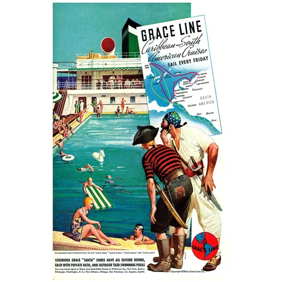 1930s Grace Line Caribbean Ocean Liner Art Travel Poster Advertisement Print 