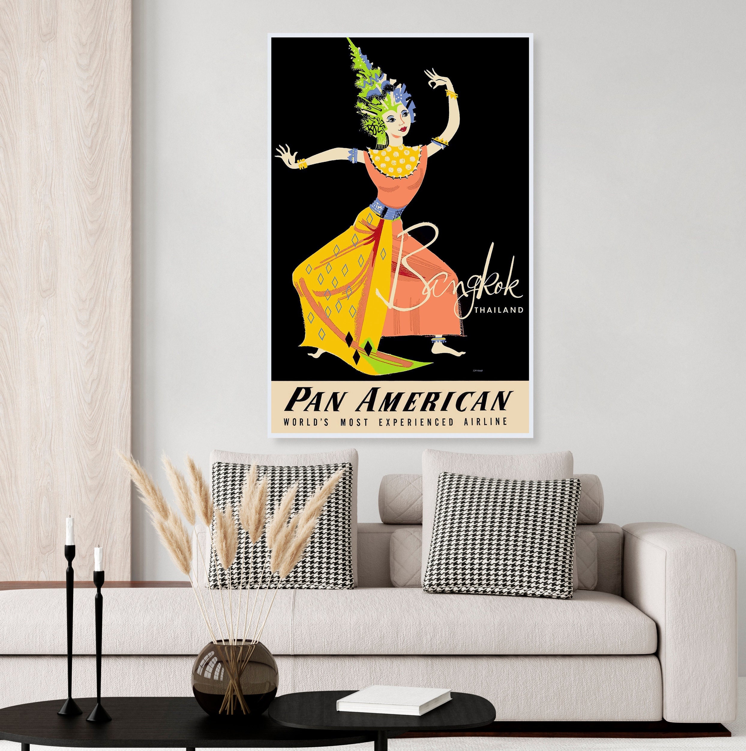 Vintage Pan American Airline Bangkok Thailand Travel Poster, Pan Am