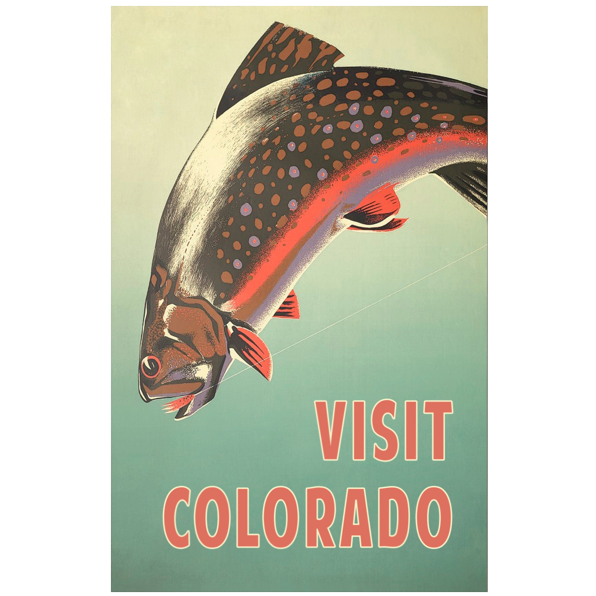 Vintage Visit Colorado Fishing Travel Poster, Trout, Rainbow