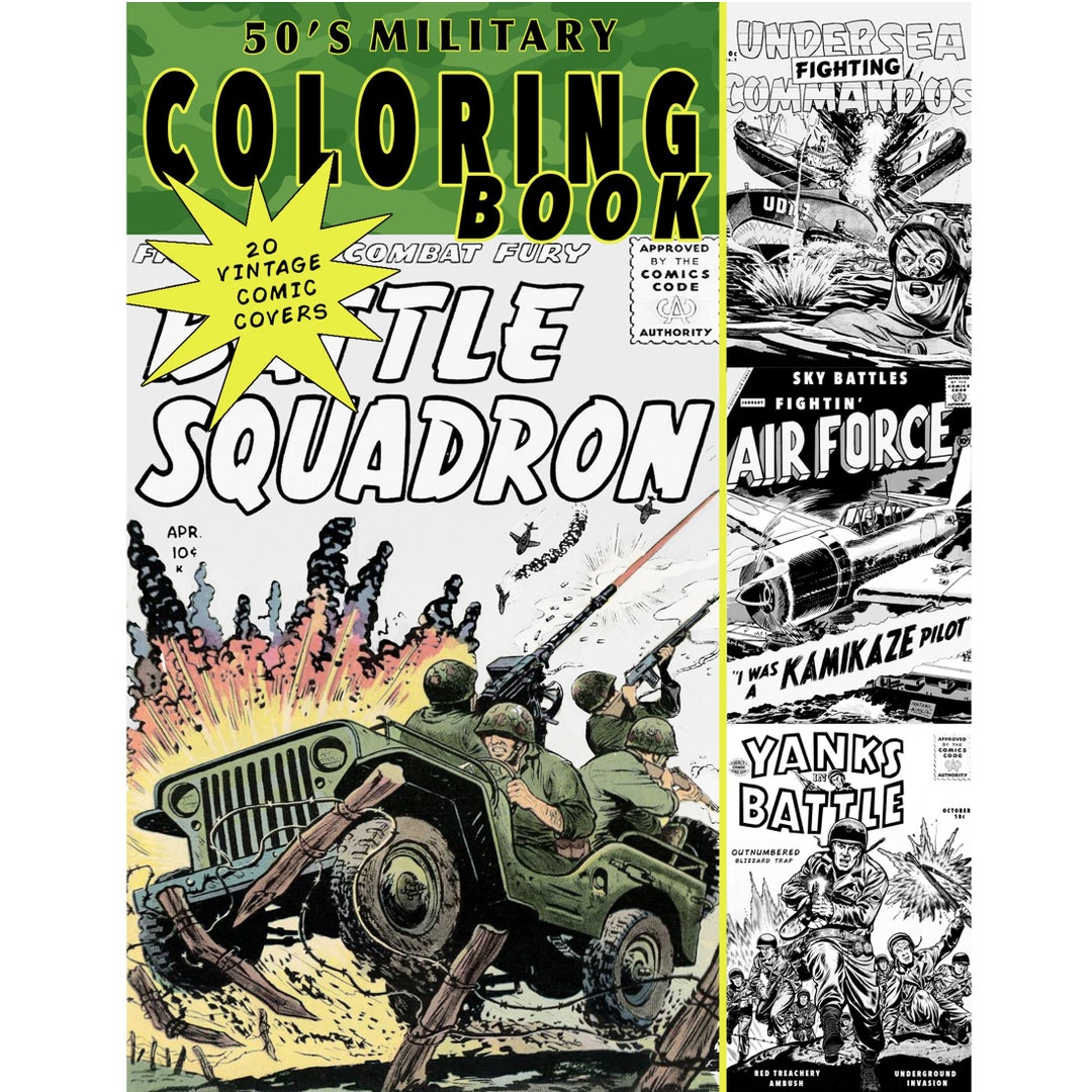 Military Coloring Book Made Form Vintage Comics, Army, Navy, Marines, Air Force, Printable Pages
