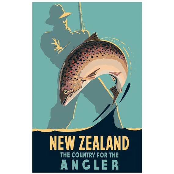 Vintage New Zealand Fishing Travel Poster, Trout, Fly Fishing, Souvenir,  Wall Art, Home Decor, Canvas Wrap, Fishing Artwork, World Travel -  UK