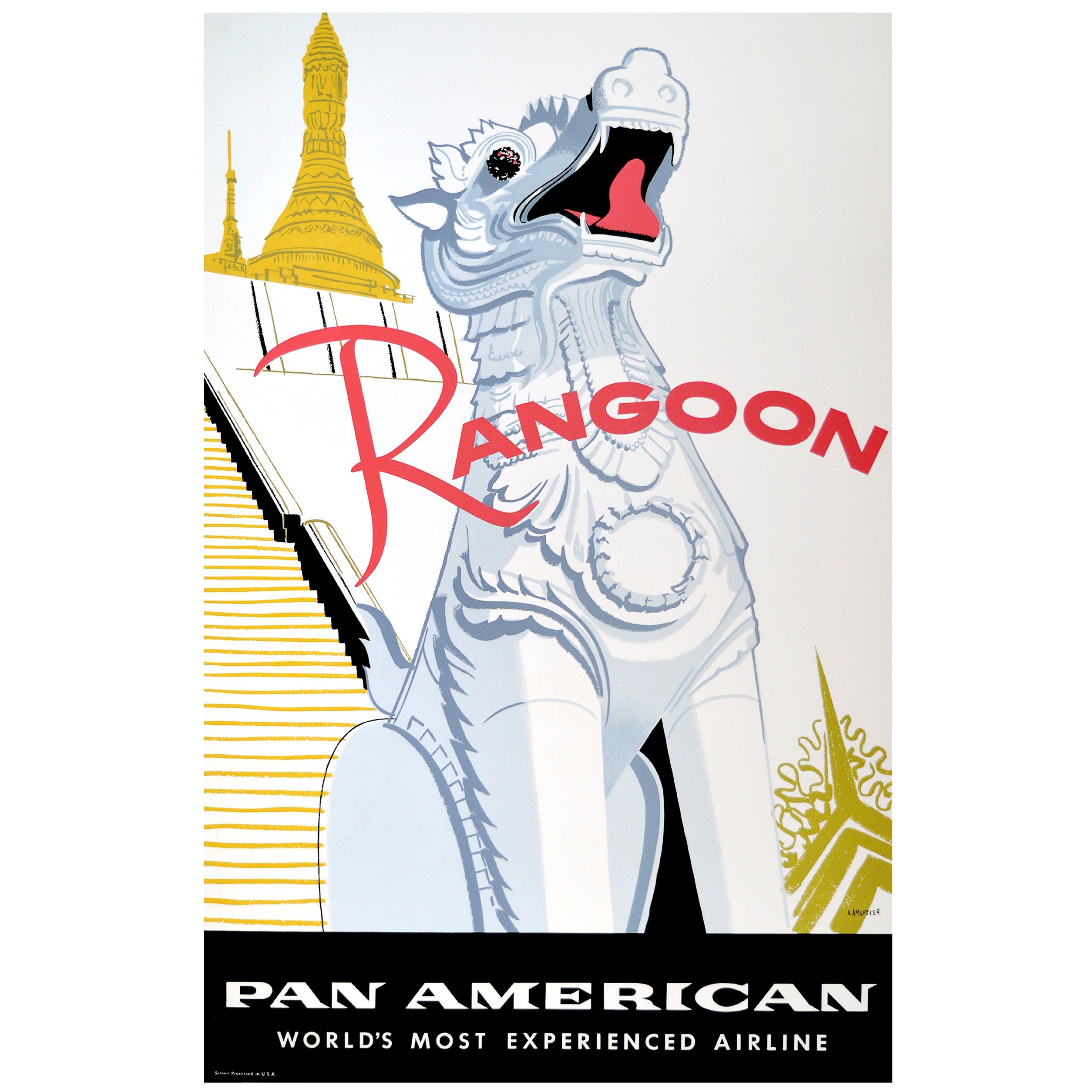 Vintage Pan American Airlines Rangoon Travel Poster, Burma