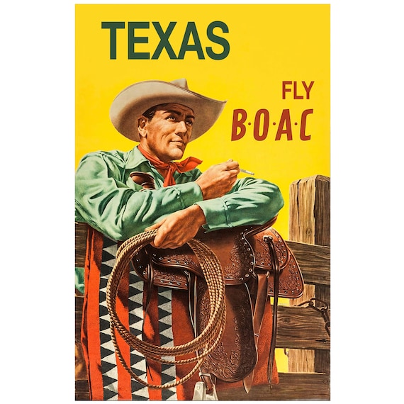 Vintage Texas Airline Travel Poster With Smoking Cowboy Vintage Western Clothing Stetson Cowboy Hat Saddle Lasso Wall Decor Rodeo Art Etsy Canada
