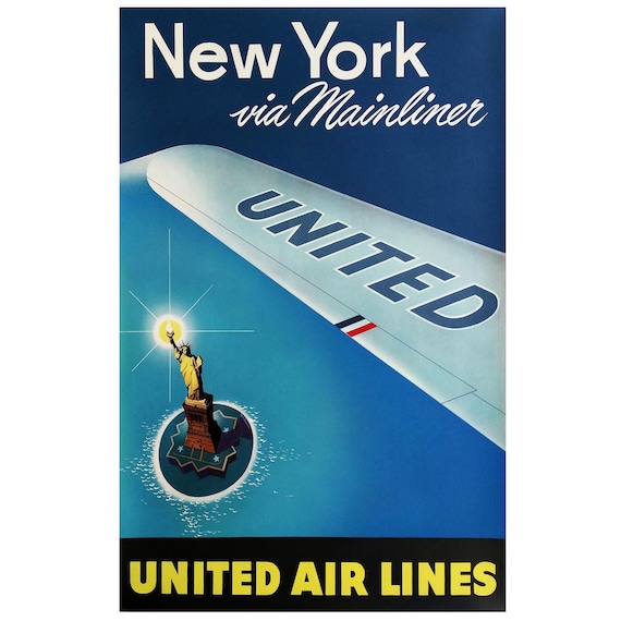 Vintage United Airlines New York via Mainliner Statue of Liberty