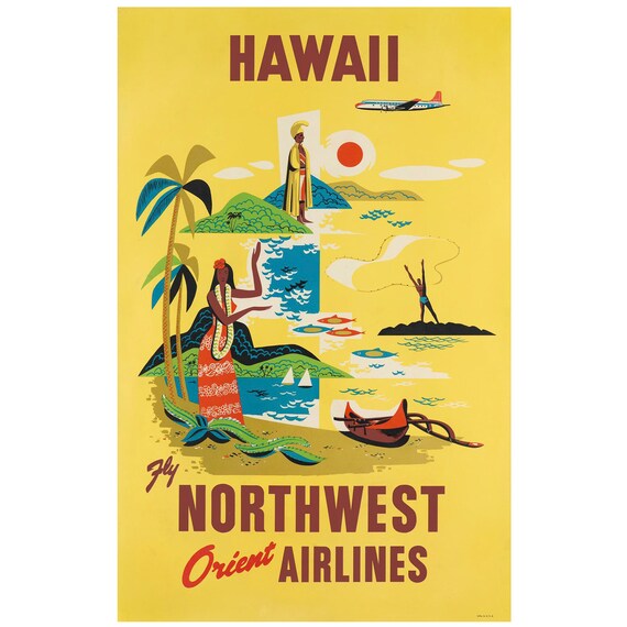 Northwest 航空 ビンテージ ポスター Hawaii poster Vintage Northwest Orient Airlines Hawaii Travel Poster, Tiki