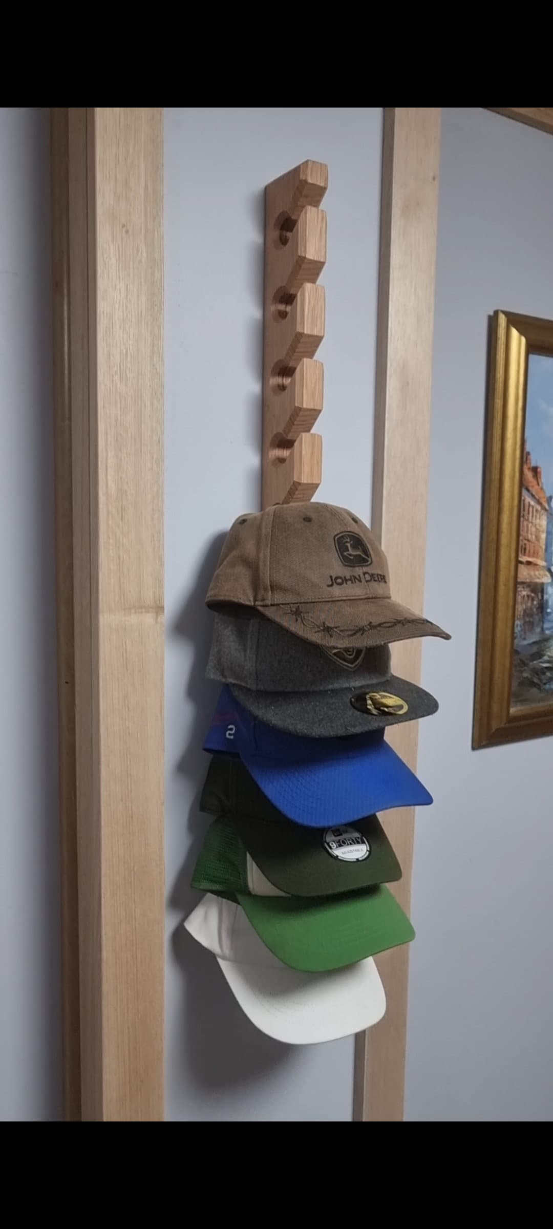 Wall mounted Wooden Cap Holder. Timber Cap Stand. Hat Rack. 10 Hook Cap Display. Tasmanian Oak Hardwood. Australian made.