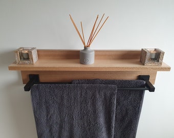 70cm Tasmanian Oak Bathroom Shelf with 60cm Matt Black Towel Rack. Bathroom shelf. Towel Rail. Floating Bathroom shelf.